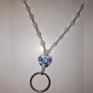 $ Blue and White Glass Heart Bead Night Shift Lanyard Handmade